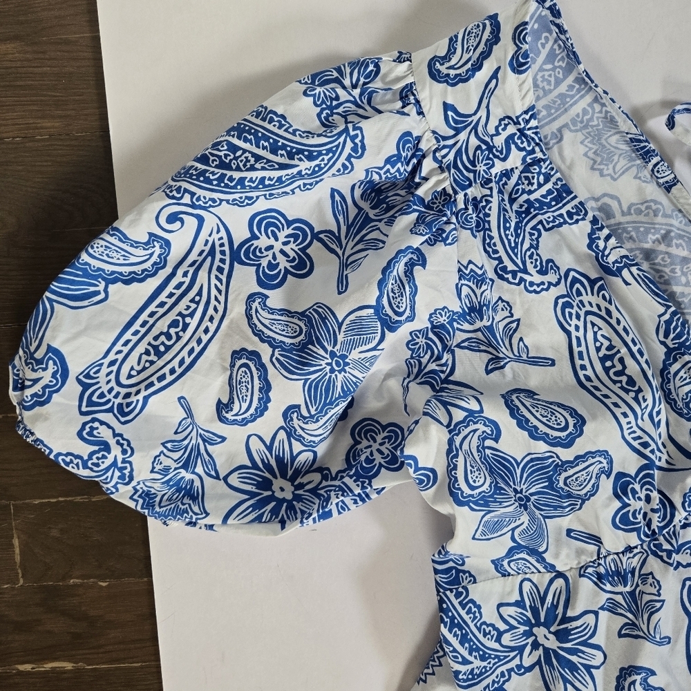 Melloday Paisley Floral Puff Sleeve Minidress santorini greek pockets sz XL - Picture 3 of 11
